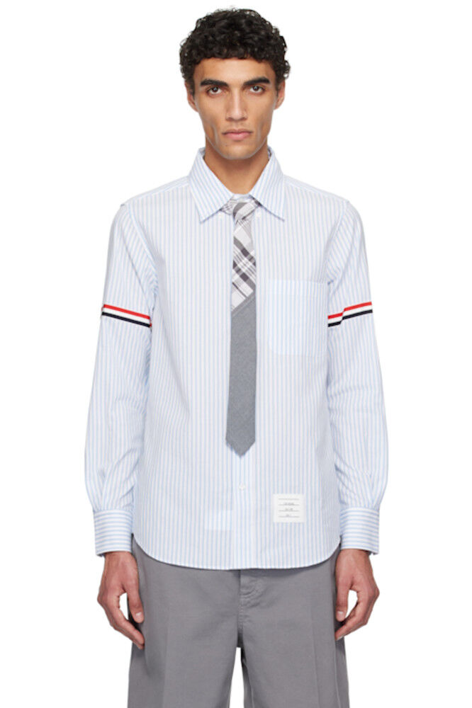 

Рубашка с нарукавной повязкой из хлопка Мадрас белого и синего цветов Thom Browne
