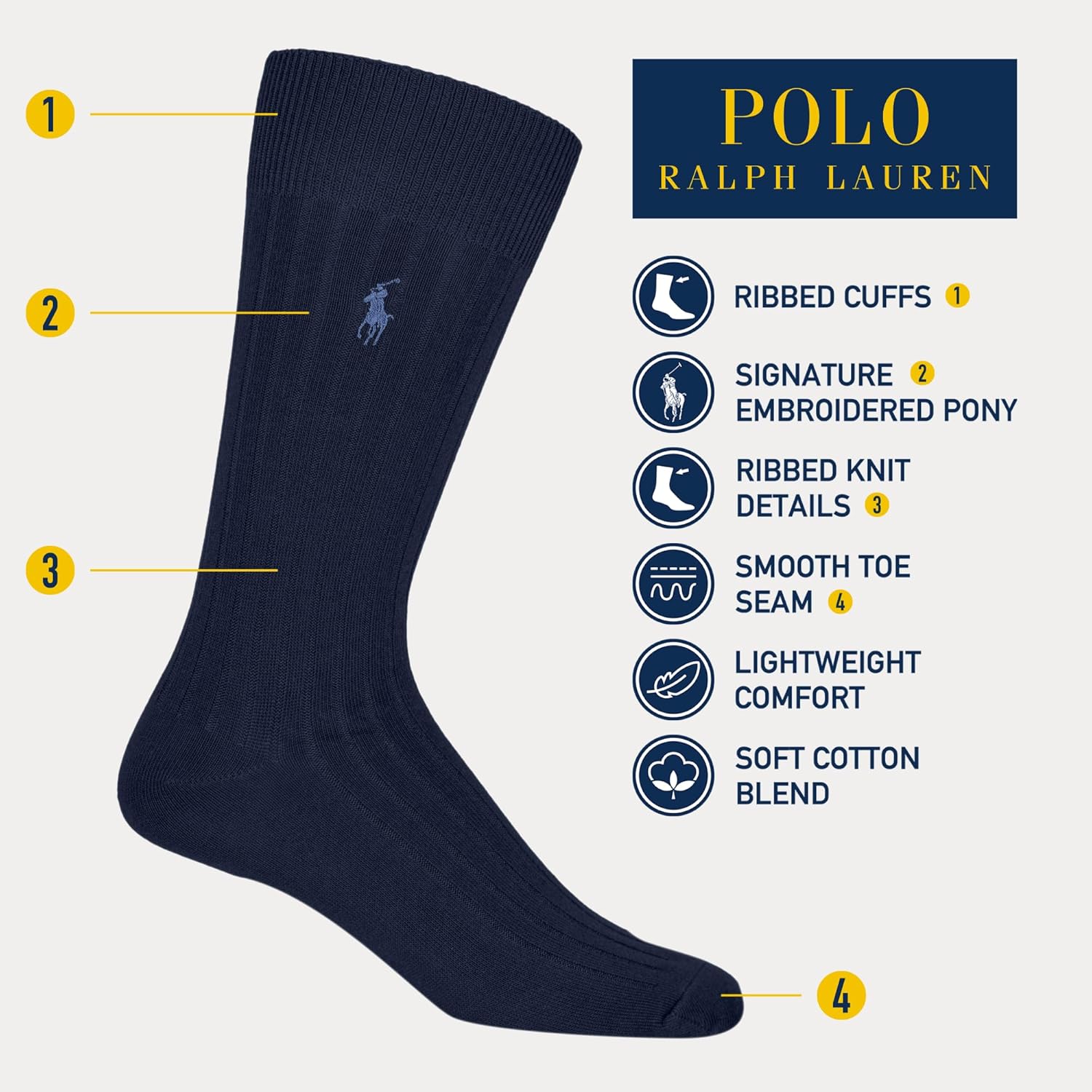 POLO RALPH LAUREN мужские носки-следки из египетского хлопка с рубчиком и вышитым пони - упаковка 1 пара, Navy — фото 2