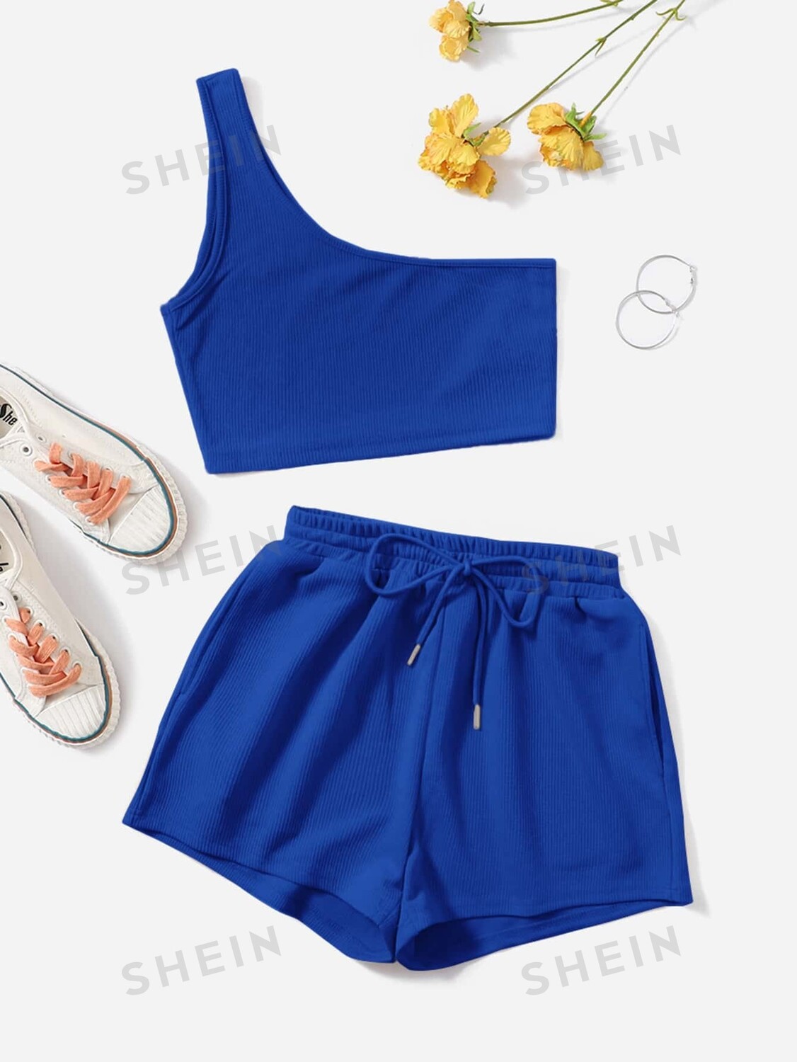 

EZwear Топ и шорты, кулиска, однотонный, вырез по плечам Shein, синий