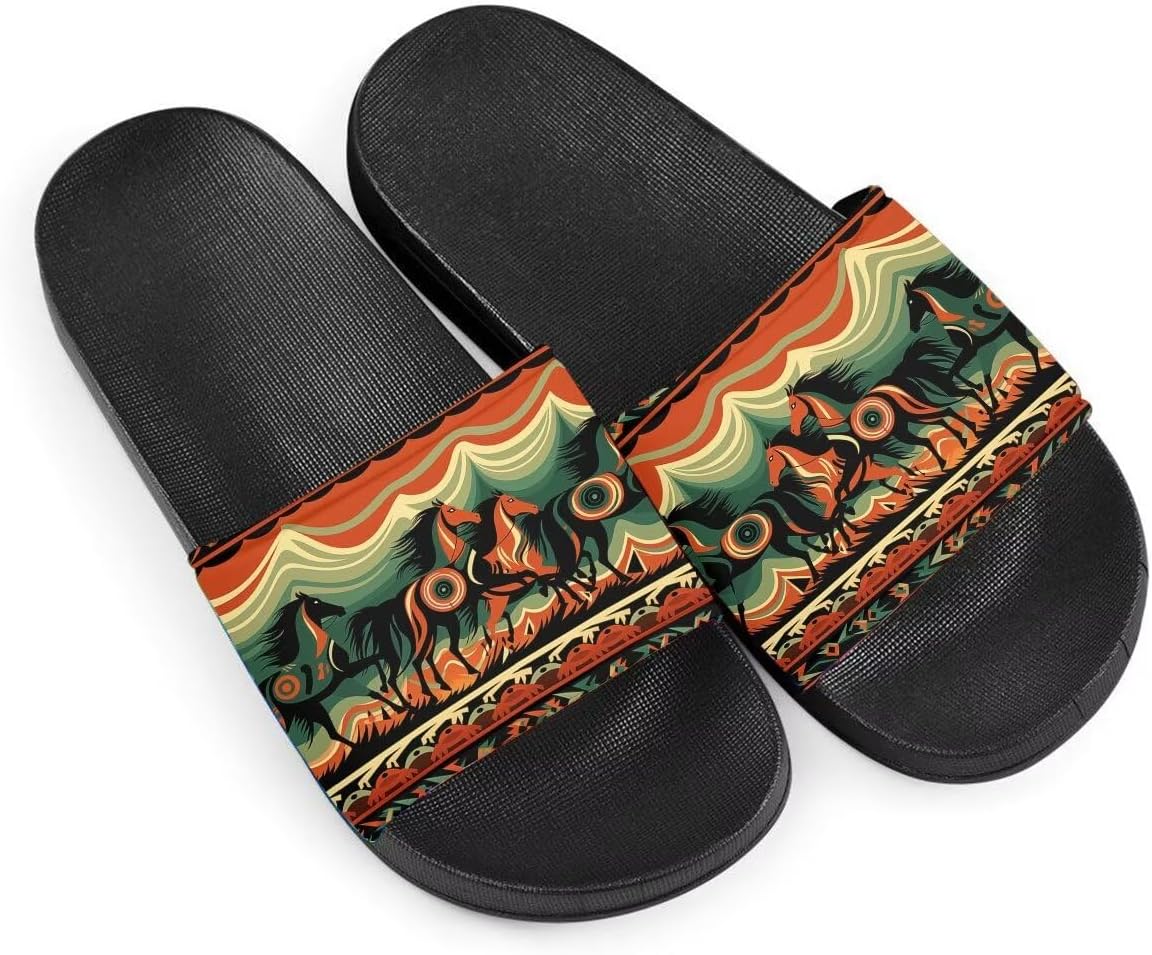 

Женские шлепанцы, Нескользящие летние домашние тапочки для взрослых, Шлепанцы с принтом 'Tribe Horse' для дома и повседневной носки Getelinseng, Tribal Horses
