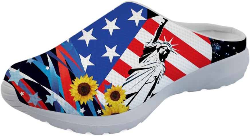 

GLENLCWE Blue Dolphin Butterfly Мужские садовые сабо, женские слоги с мягкой сеткой Mules Сандалии для ходьбы Легкая обувь для медсестры, American Flag Sunflower