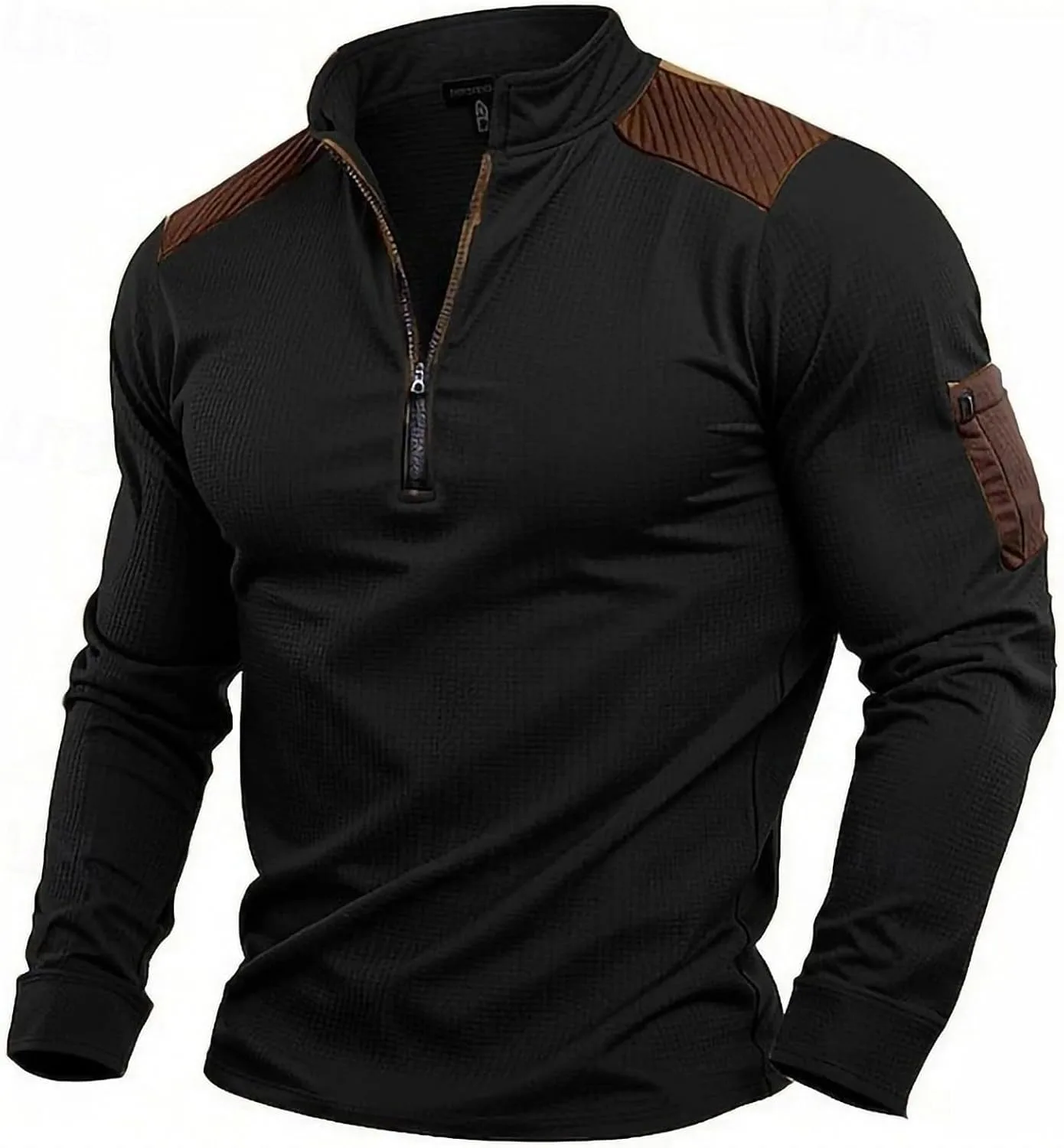 

Мужская футболка с длинным рукавом и воротником стойкой, цветной блок, молния на четверть, для тренировок, хлопок, осенние образы Dovford