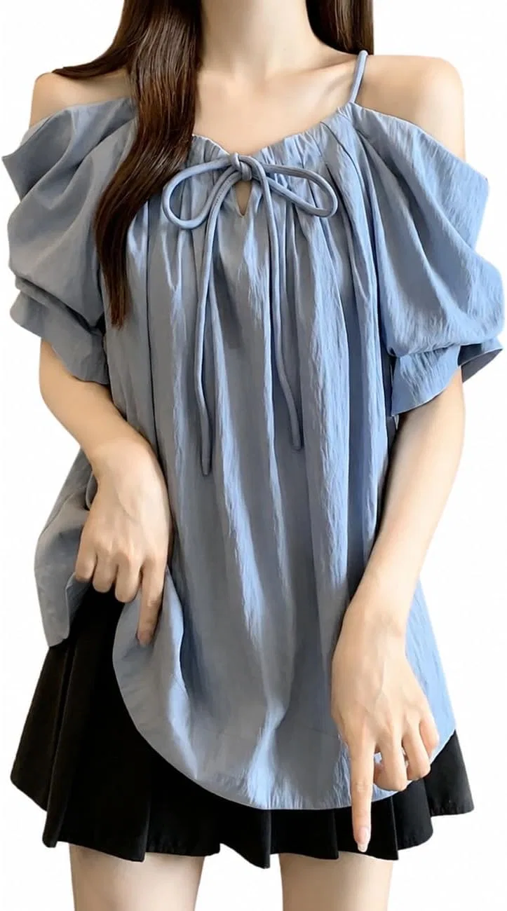 Блуза off-shoulder с бантом, полуприлегающая, голубой