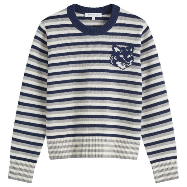 

Полосатый свитер с интарсией в виде головы лисы Maison Kitsune, синий