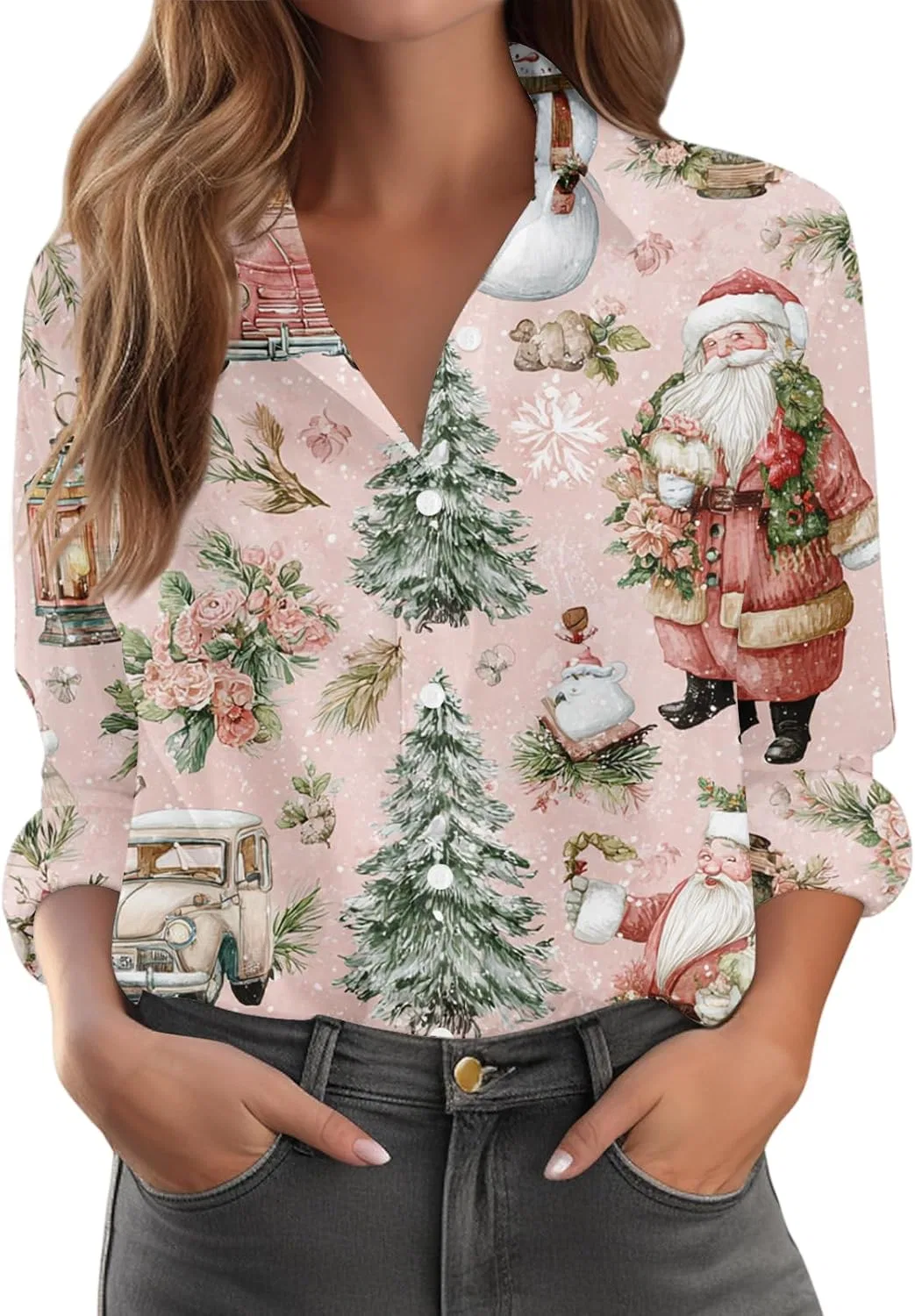 Женская блуза с рождественским принтом, Oversized, на пуговицах, длинный рукав, 3-light Pink — фото 2
