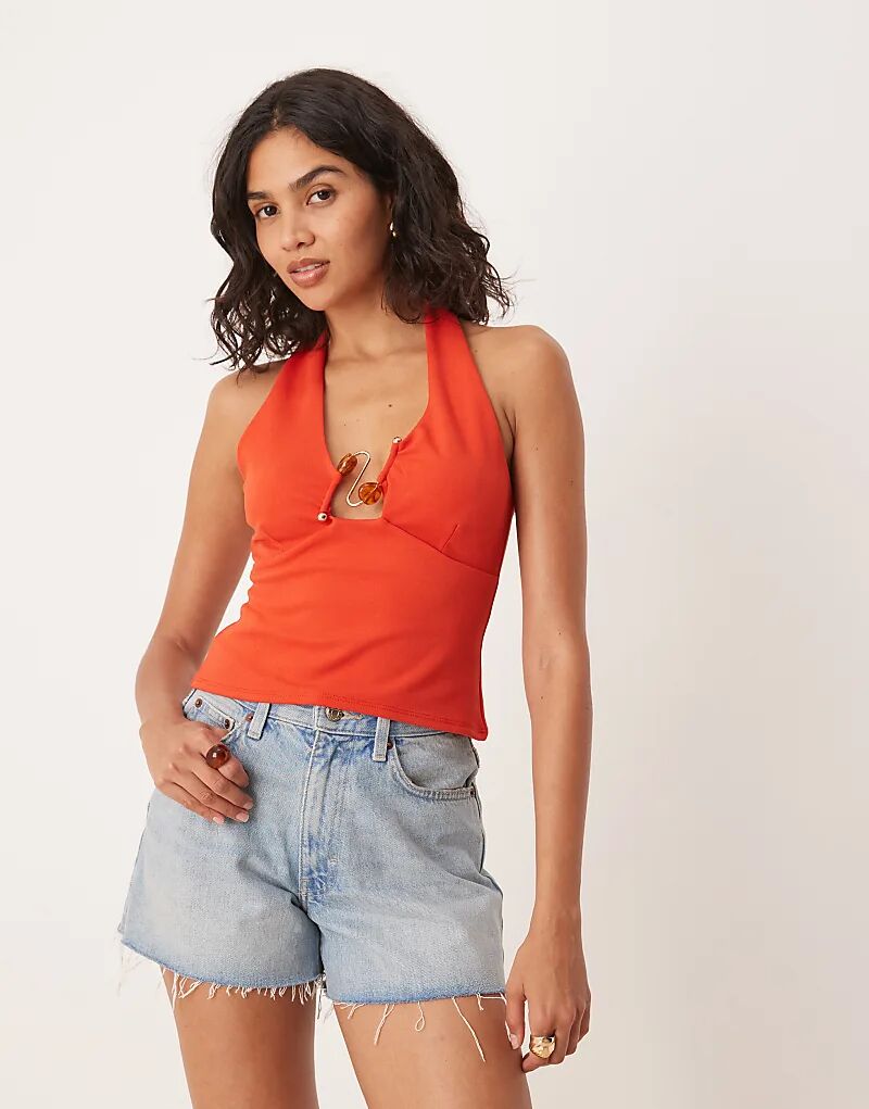 

Топ ASOS DESIGN с халтер-воротником и отделкой из бисера в выжженном оранжевом цвете