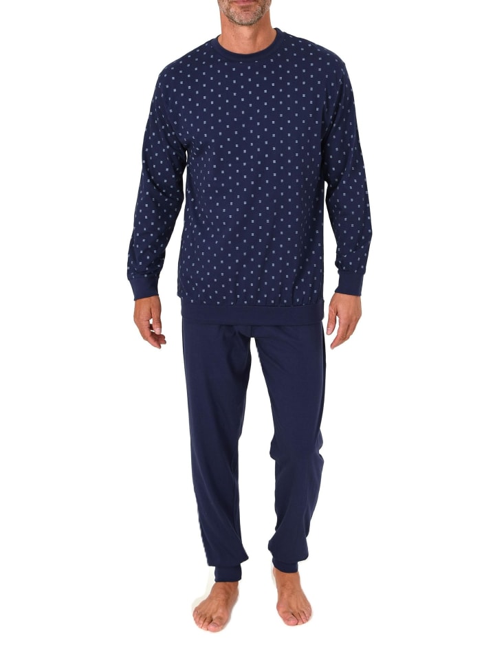 

NORMANN Пижамный комплект с длинными рукавами, манжетами и минималистичным принтом, темно-синего цвета