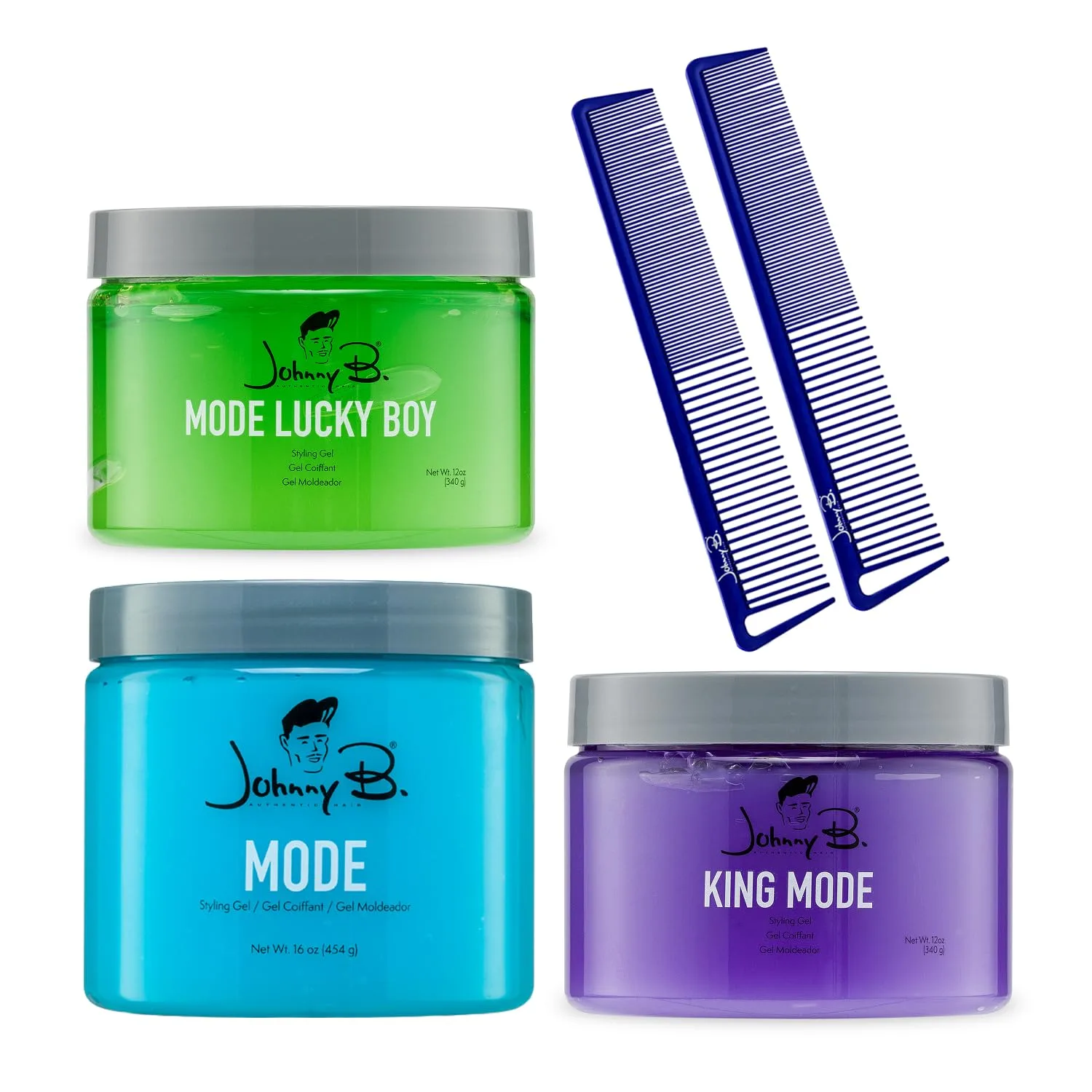 JOHNNY B. Ultimate Barber Gel Styling Bundle - Mode, Lucky Boy & King Mode гели для волос + Carbon Texturizing Combs (2 шт) - профессиональный набор для укладки с сильной фиксацией