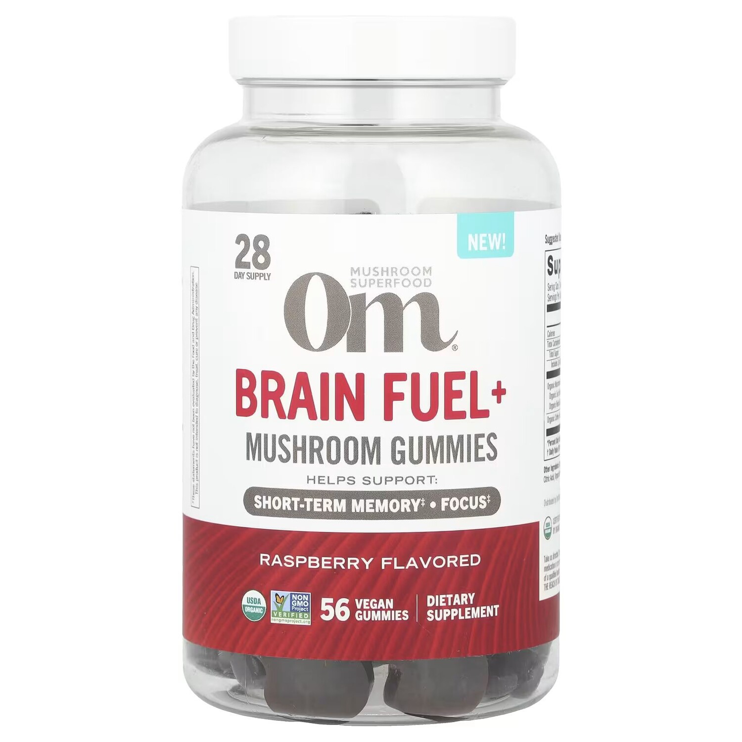 

Brain Fuel+ Жевательные конфеты с грибами, малина, 56 веганских жевательных конфет Om Mushrooms