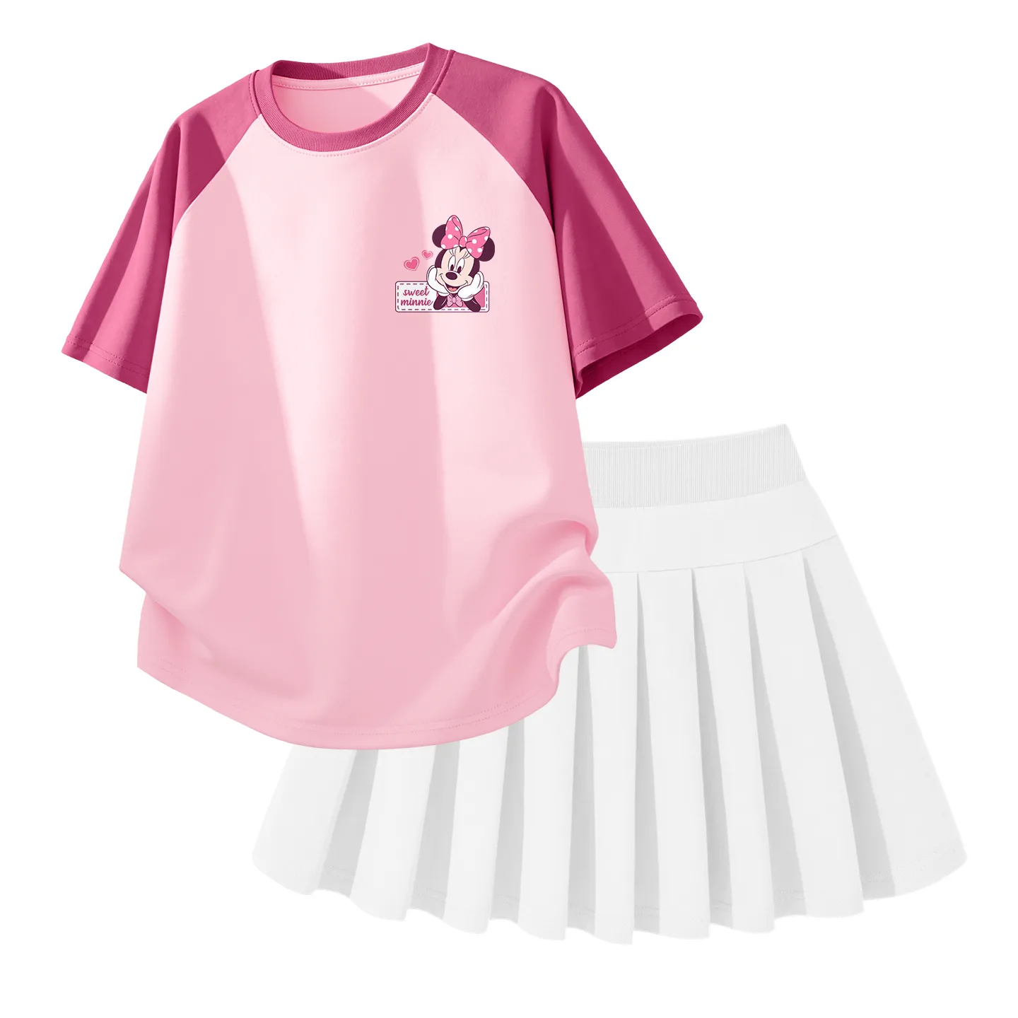 Детский комплект из юбки и тонкой короткой футболки с круглым вырезом Disney, Daisy Berry Pink+Solid Color White