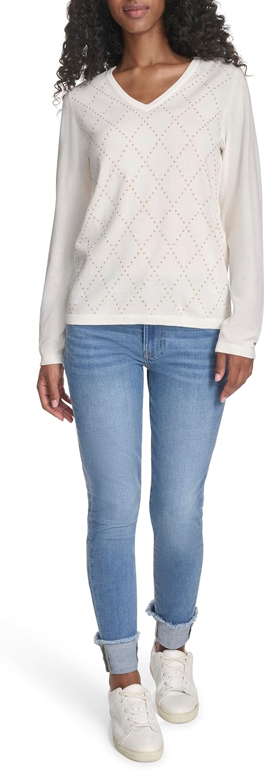 Женский свитер Tommy Hilfiger Hotfix с длинным рукавом и V-образным вырезом, Ivory — фото 2