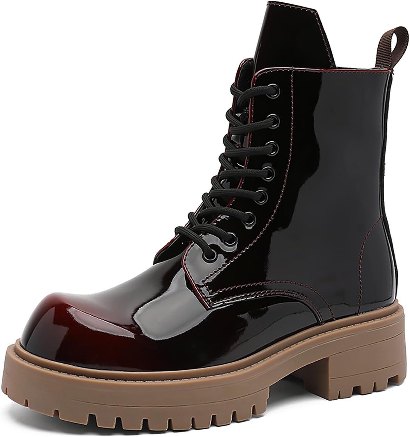 

Мужские градиентные ботинки с боевым дизайном из лакированной кожи, шнуровка, боковая молния, массивная платформа, средняя длина, повседневные, дерби, ботильоны для мотоциклов и вечеринок Bwseobg, бежевый