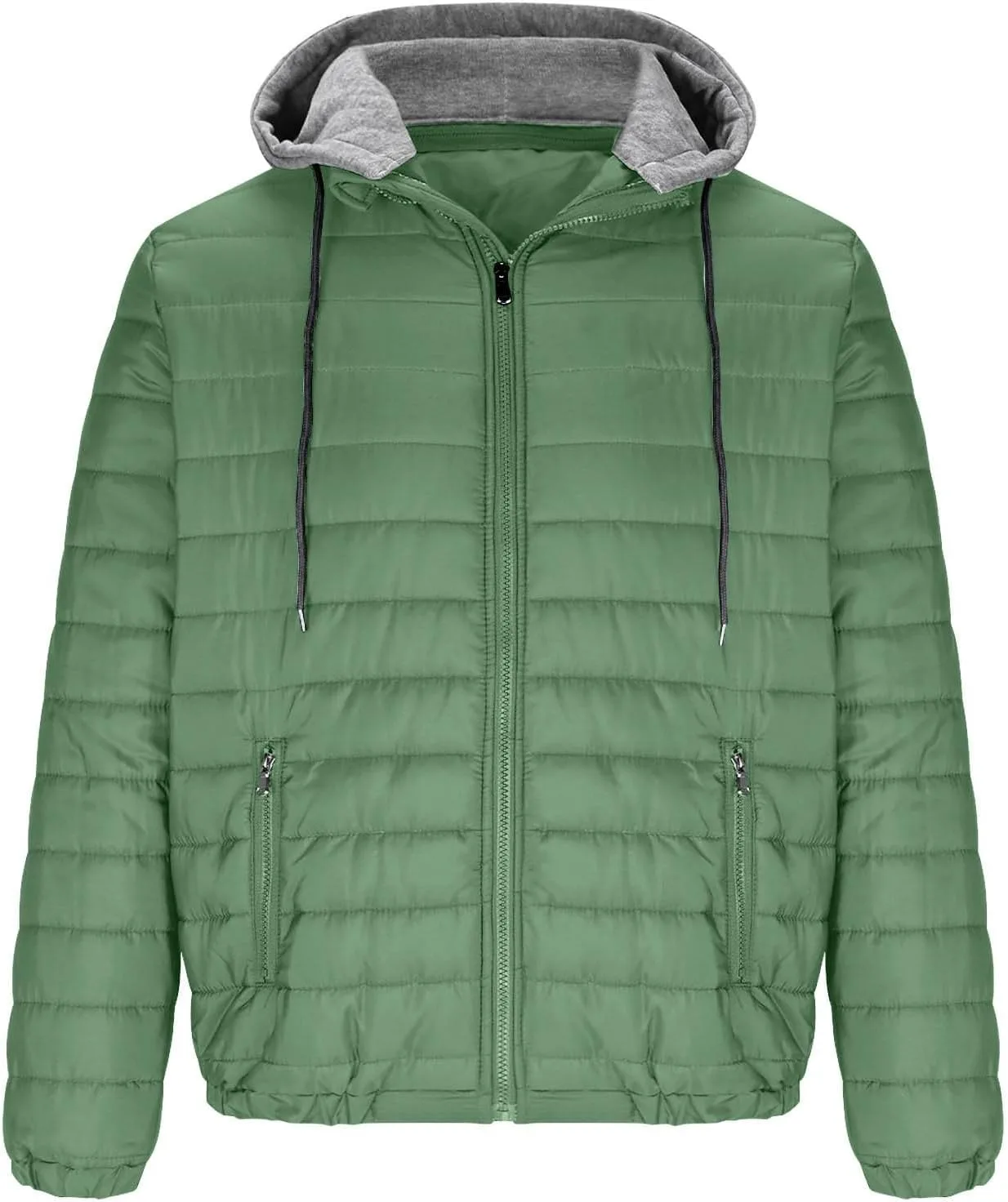 Стеганая пуховая куртка для мужчин, легкая, на молнии, с капюшоном на шнуровке, теплая, с карманами Generic, зеленый — фото 4