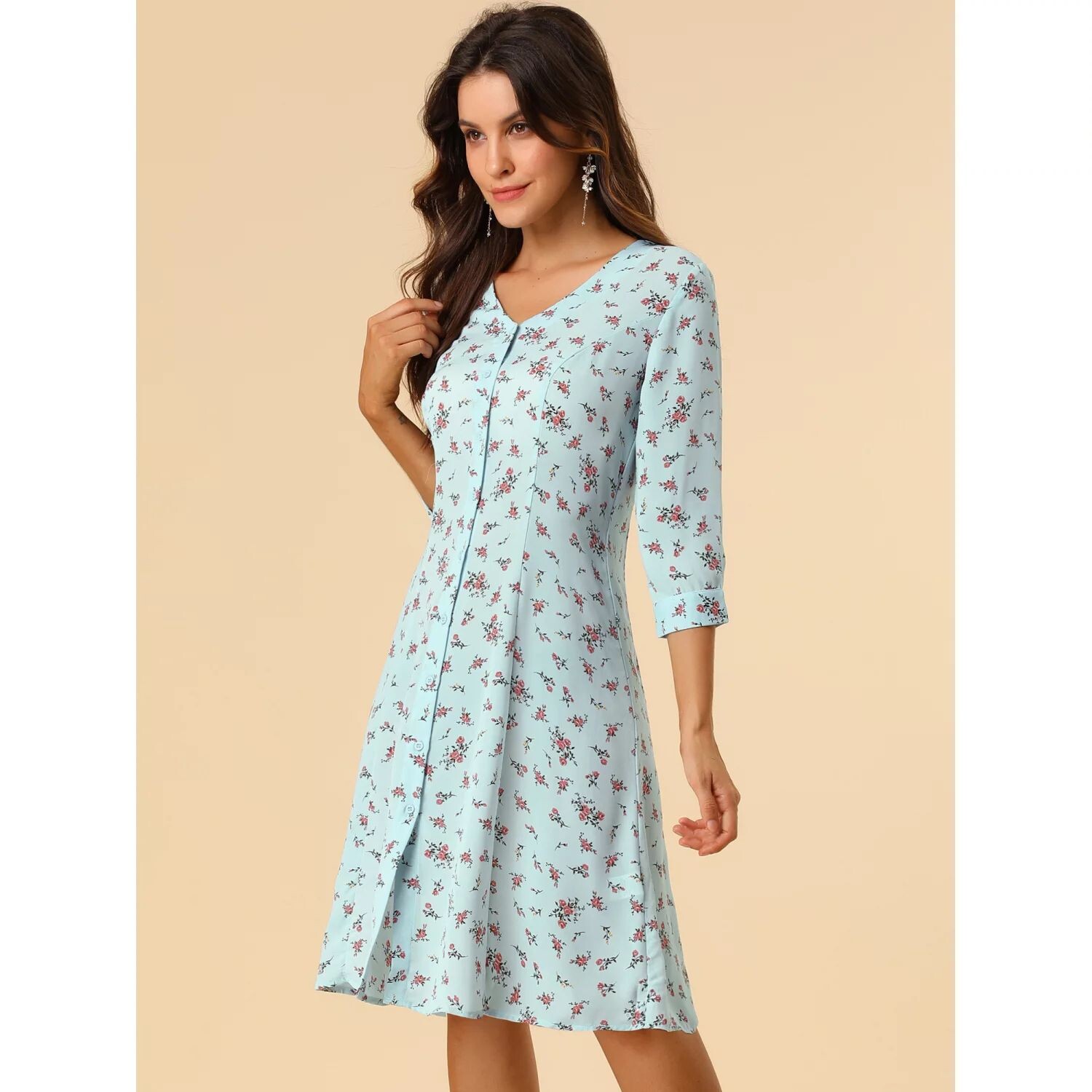 

Женское повседневное платье-миди с V-образным вырезом и рукавами 3/4 с цветочным принтом ALLEGRA K, синий