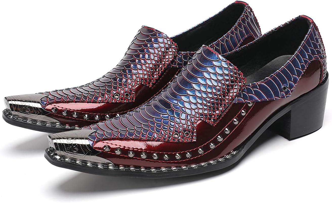 

Мужские слипоны-лоферы из кожи - заостренный металлический носок, украшены заклепками, массивный каблук, удобные лоферы в западном стиле из кожи змеи для вечеринки, бальных мероприятий и походов в бар Santimon, синий