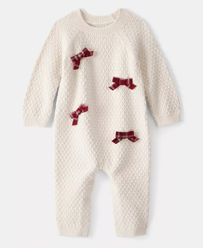 

Детский комбинезон для девочек в клетку с бантом и длинными рукавами Carter'S, слоновая кость/кремовый