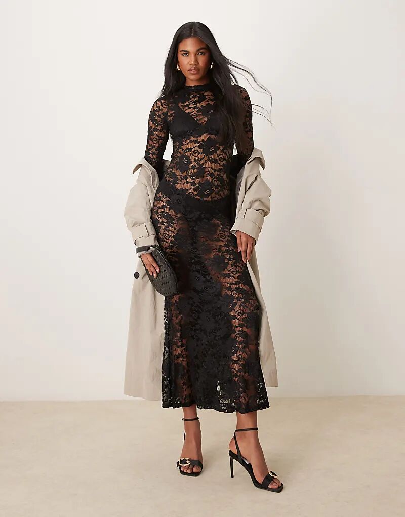 

Кружевное платье-миди с длинными рукавами черного цвета New Look
