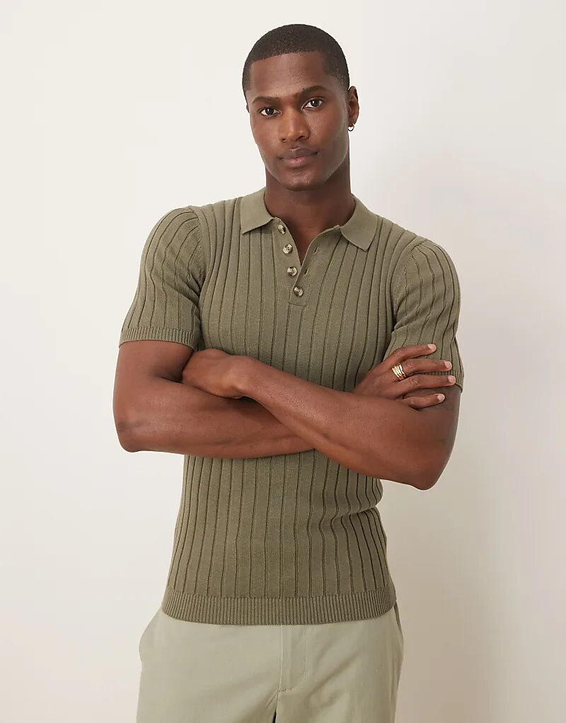 

Трикотажная футболка-поло Muscle Fit Rib цвета хаки ASOS DESIGN
