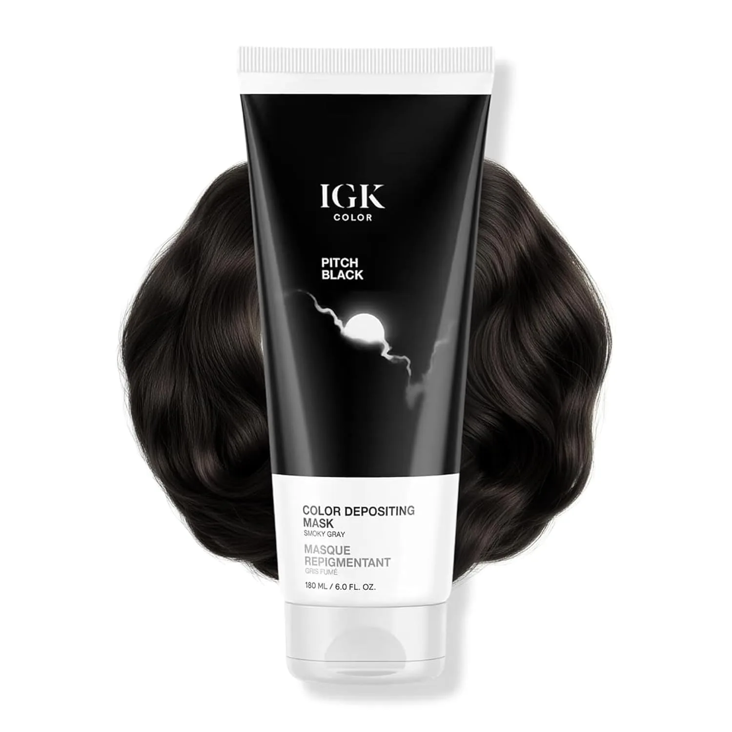 IGK Pitch Black Color Depositing Hair Mask, Smoky Gray полуперманентный кондиционер и тонирующий блеск, увлажняющая формула для сияния и обновления цвета, веганский, без жестокости, 170 г, Pitch Black (Smoky Gray)