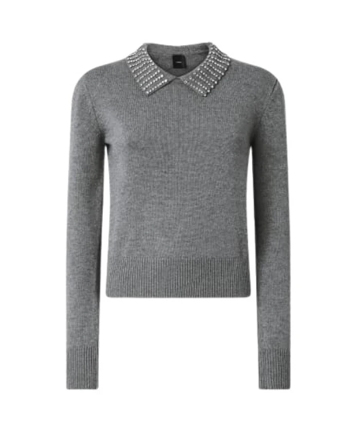 

Вязаный свитер с вышитым воротником и стразами. Pinko, серый