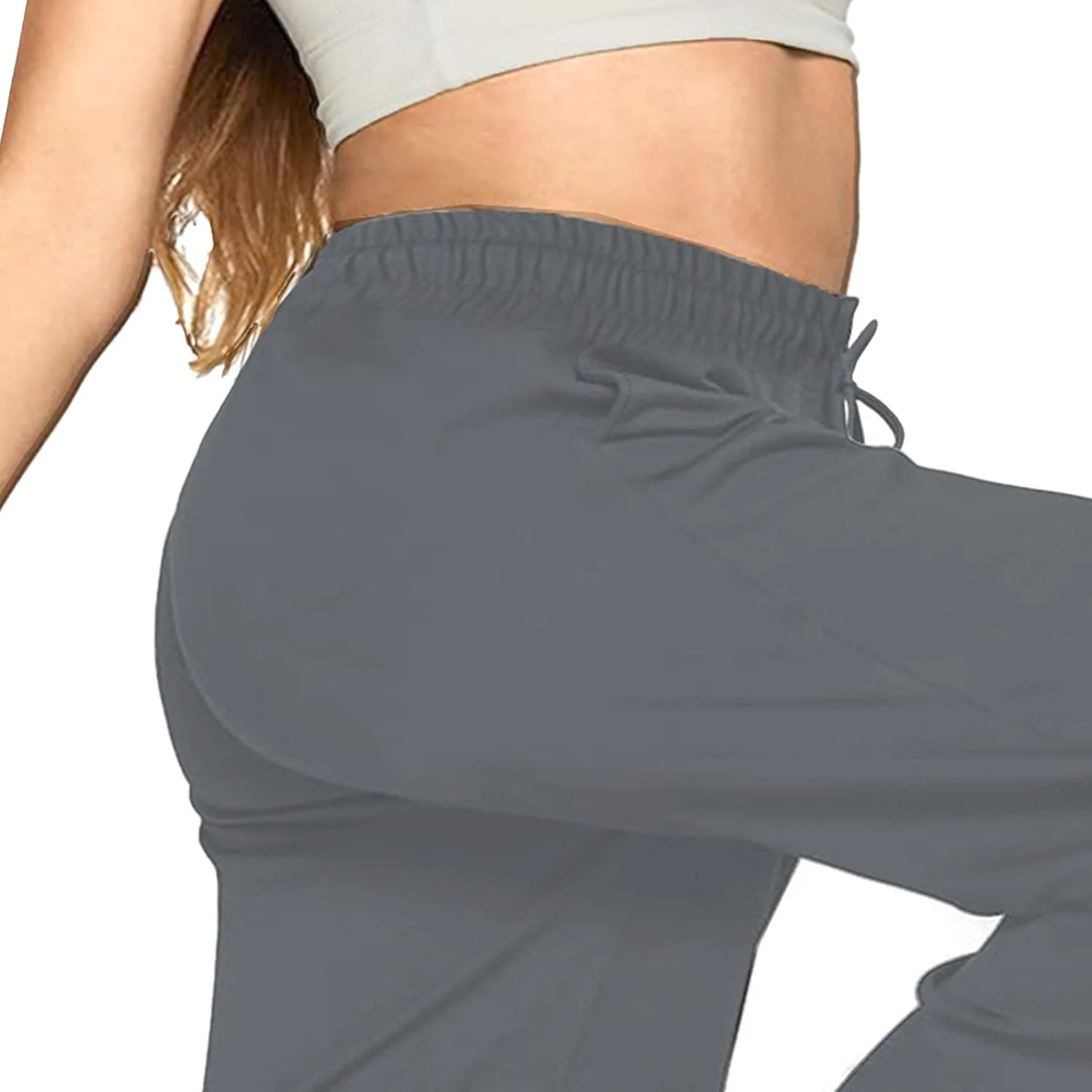 Женские брюки Plus Size с широкими штанинами, летние, с эластичным поясом, удобные, повседневные, с карманами и шнурком Generic, Dark Gary — фото 3