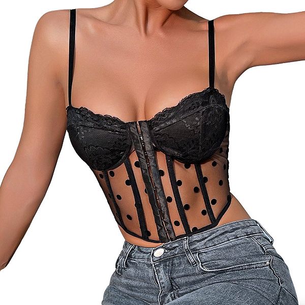 

Женский топ-бюстье с вырезом лодочкой без рукавов в кружевную точку Clearflower, Black