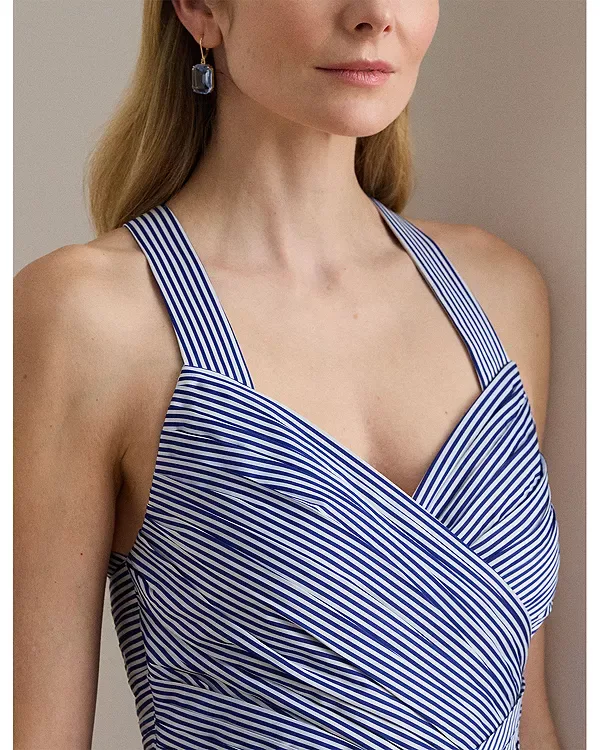 Полосатое плиссированное платье без рукавов из тафты Ralph Lauren, Blue/White — фото 4