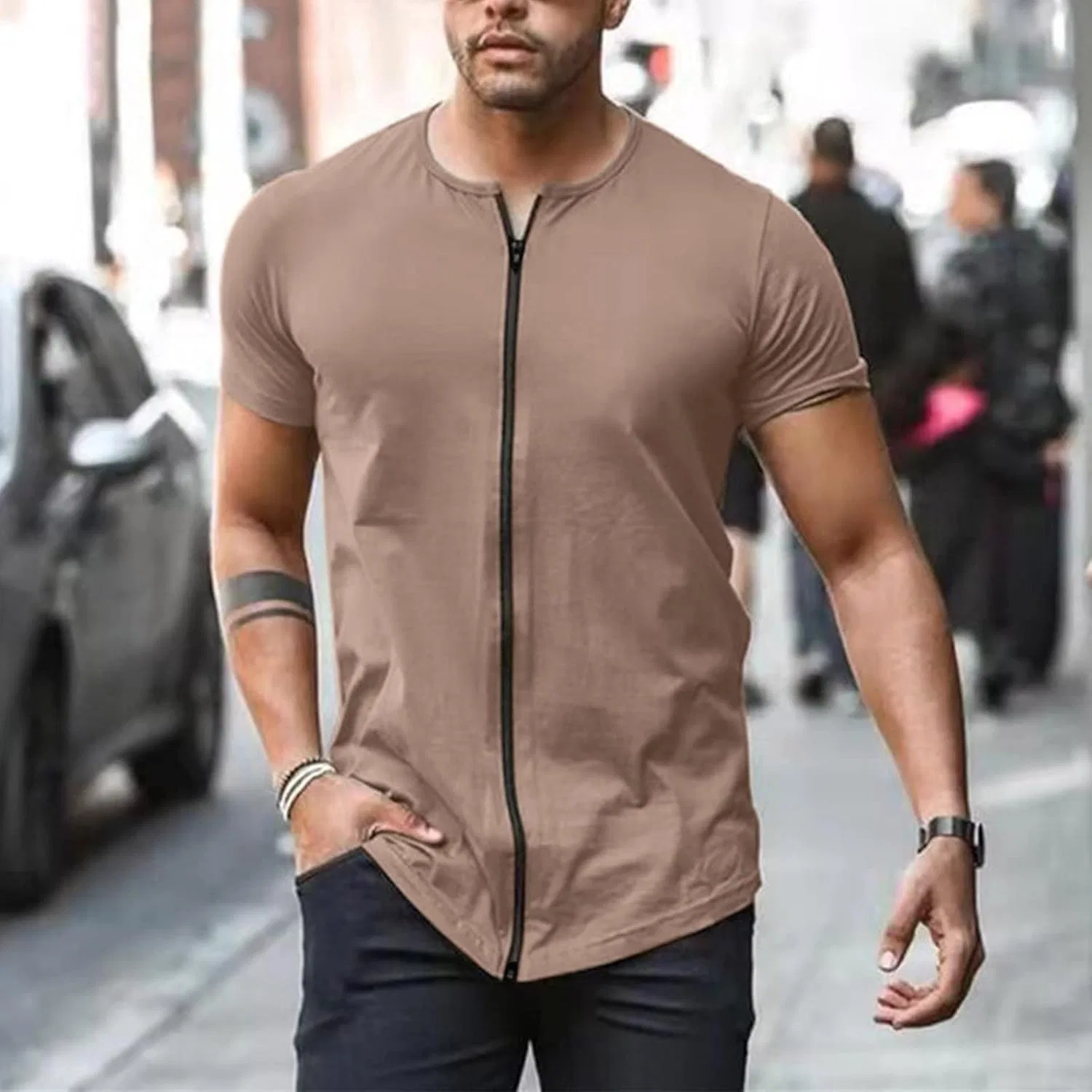Футболка для тренировок Dry Fit Slim Fit на молнии, Khaki — фото 2