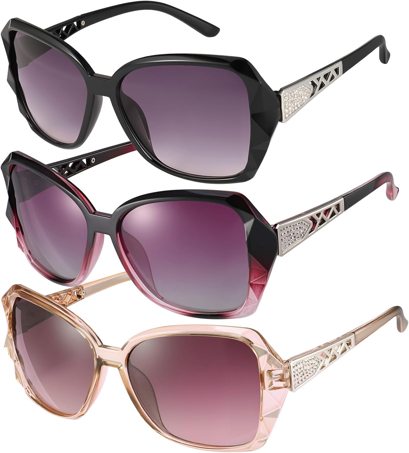 

3/4 шт. Женские большие солнцезащитные очки с защитой от УФ-излучения UV 400. Классические модные женские солнцезащитные очки большого размера с блестящей оправой HEQU, Black/Purple/Champagne