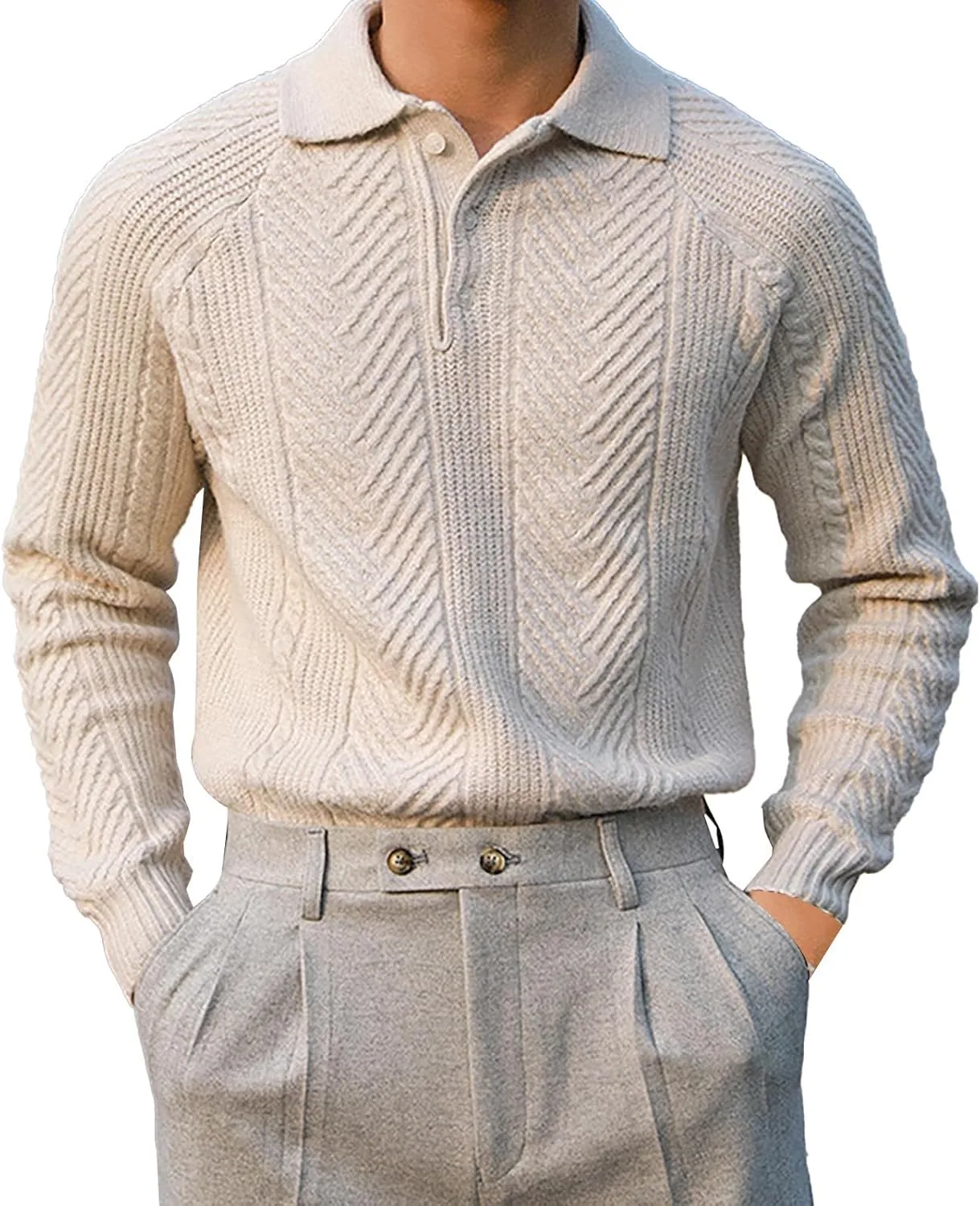 

Мужской свитер поло с кабельной вязкой и джаккардовым узором PETCDIM