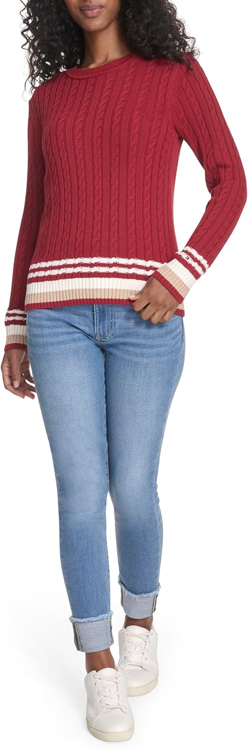 Женский хлопковый свитер Tommy Hilfiger с круглым вырезом и косами, Crimson Multi — фото 2