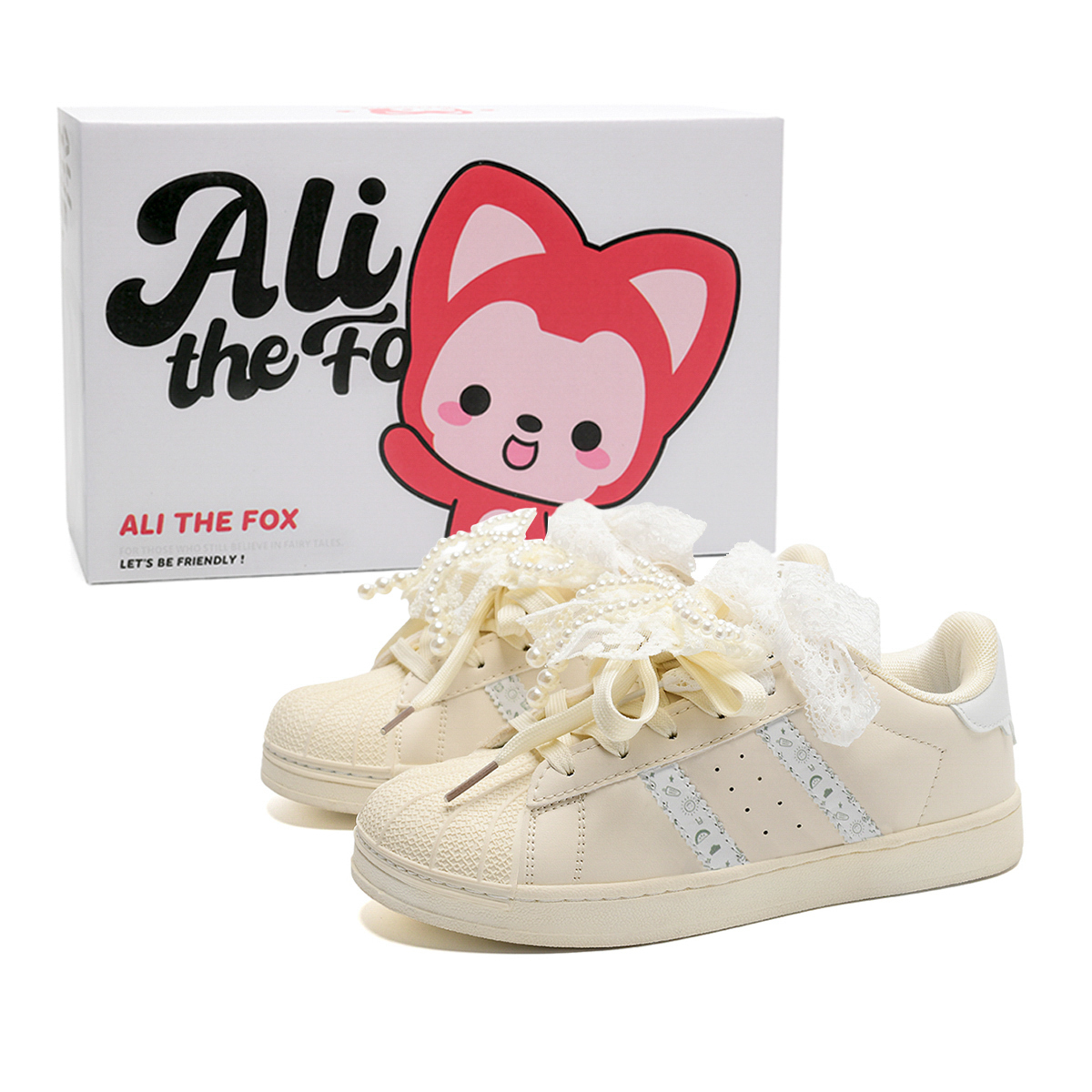 

ALI THE FOX Скользоустойчивые, износостойкие, сбалансированные, легкие низкие скейтерские кроссовки унисекс бежево-розовые белые минималистичные (с двойными шнурками-бантами)