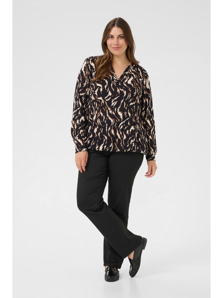 

KAFFE curve Блузка с длинными рукавами KCdiana, стандартный крой, черно-коричневый, с графическим анималистическим принтом