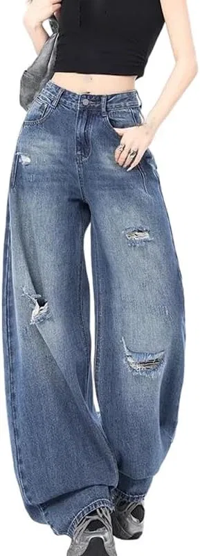 Джинсы Womens Distressed Ripped Boyfriend Jeans Hollow Out Wide Leg Denim Pants Casual Loose Trousers, 7