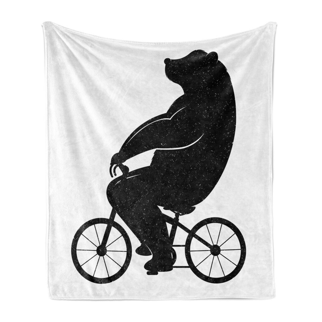 

ABAKUHAUS Funny Bear Мягкое фланелевое флисовое одеяло, силуэт пушистого существа на велосипеде, забавный детский дизайн, 175 x 230 см, темно-серый и белый