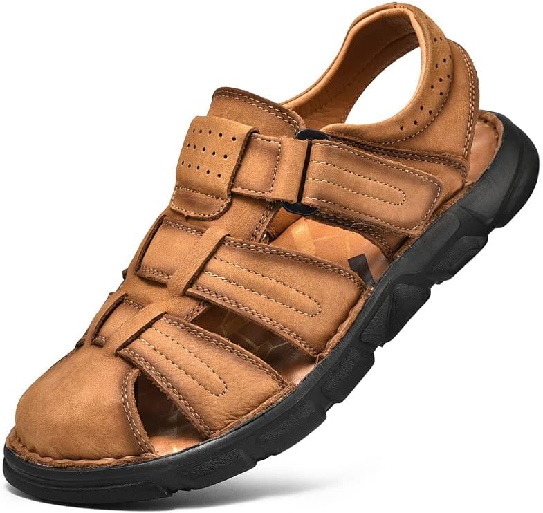 

Мужские кожаные спортивные сандалии Mecolop с закрытым носком, регулируемые, для прогулок на улице, сандалии-рыбацкие, светло-коричневый