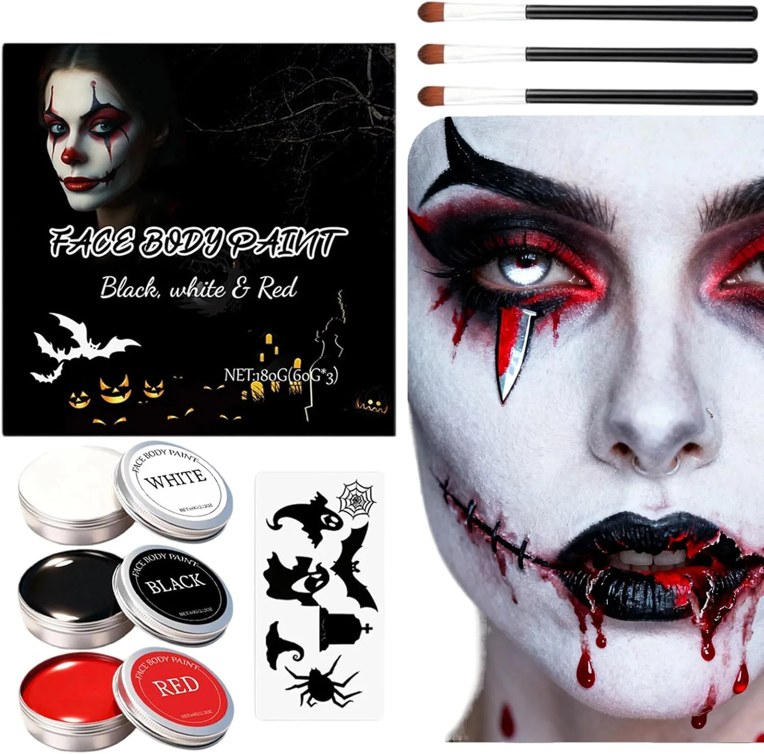 Набор для росписи лица и тела, водный, Halloween Face Paint, 3 цвета по 60 г, кисти