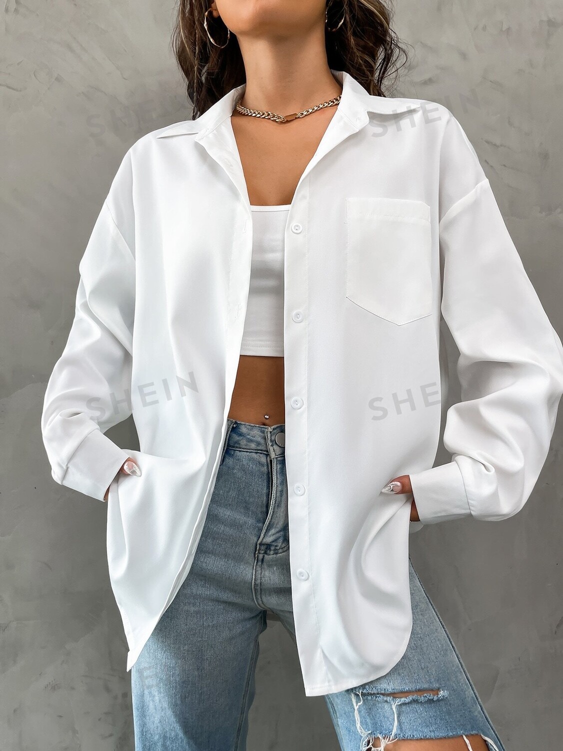 

EZwear Рубашка оверсайз, Рубашка с воротником, передний карман Shein, белый