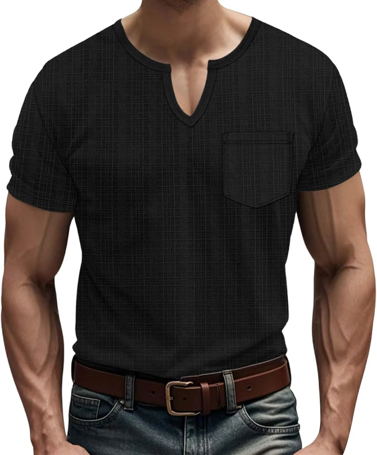 

Футболка с V-образным вырезом мужская, Linen, короткий рукав, Slim Fit HJINGSUN