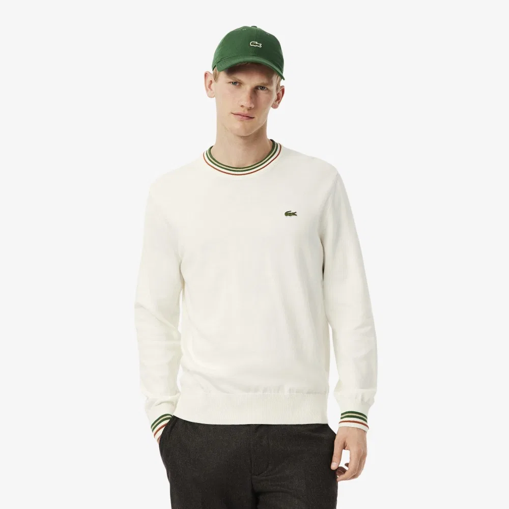 Мужской хлопковый джемпер с окантовкой, бело-зелёный, от Lacoste