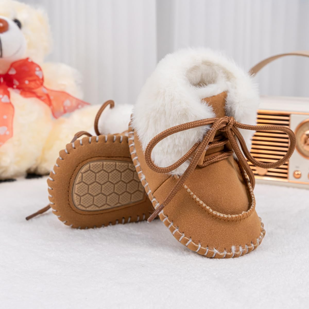 HsdsBebe Детские ботиночки на щиколотку для мальчиков и девочек, флисовые пинетки с противоскользящей резиновой подошвой, кроссовки для малышей, обувь для новорожденных для ходьбы и сна, C3421/Brown — фото 3
