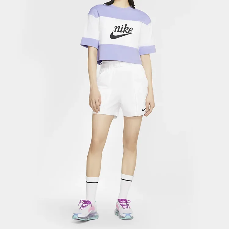 Nike Кроп-топ женский белый/светло-сиреневый/черный с круглым вырезом — фото 3