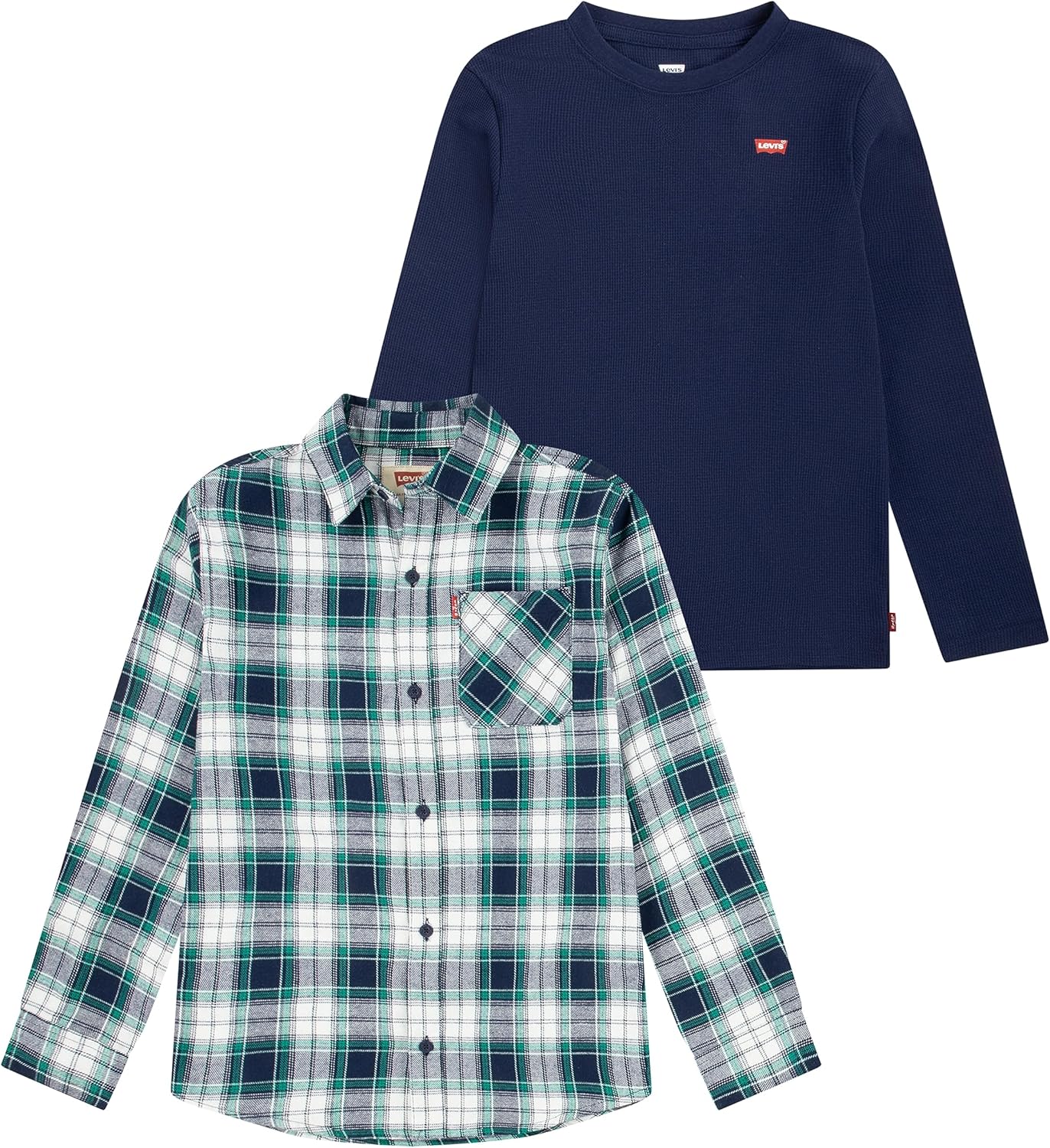 

Комплект из 2 рубашек Levi's для мальчиков с длинным рукавом из вафельного трикотажа и фланели, Naval Academy