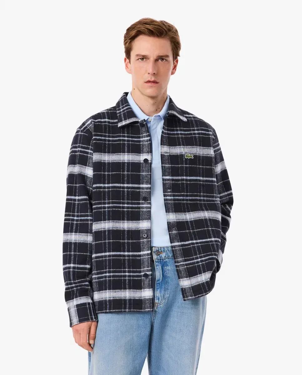 Мужская хлопковая рубашка в шотландскую клетку с длинными рукавами Lacoste, темно-синий