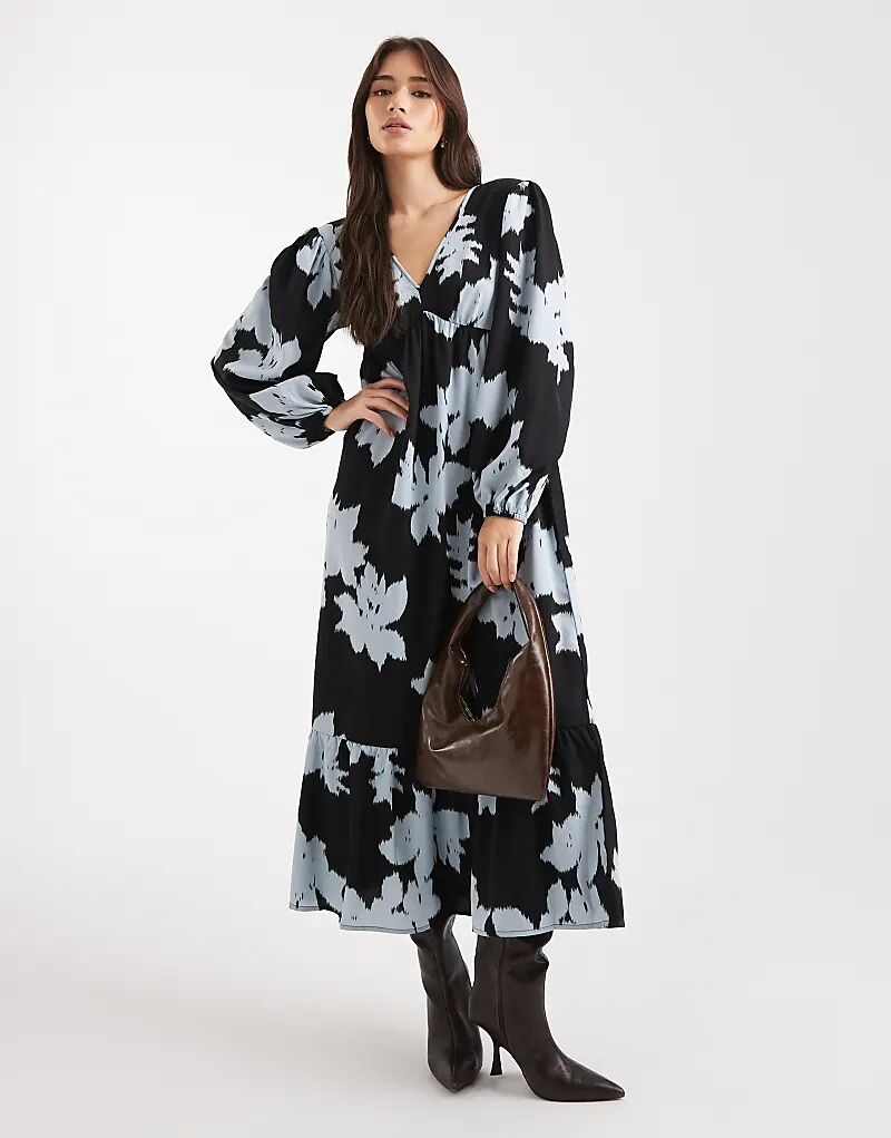 

Платье мидакси Wednesday's Girl с V-образным вырезом и рукавами-буфами в синем цветочном стиле