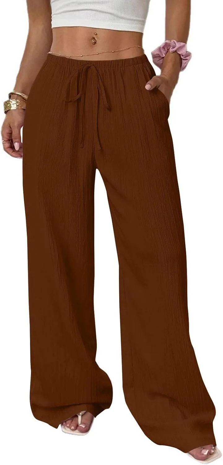 

FlekmanArt льняные брюки женские лето 2025 пляжные палаццо свободные эластичные plus size с карманами