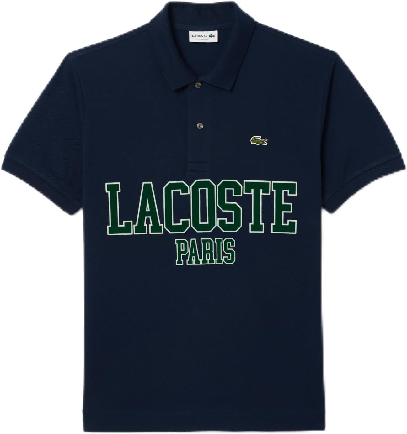 Мужская повседневная (официальная) рубашка-поло Lacoste с крупным принтом имени, темно-синий