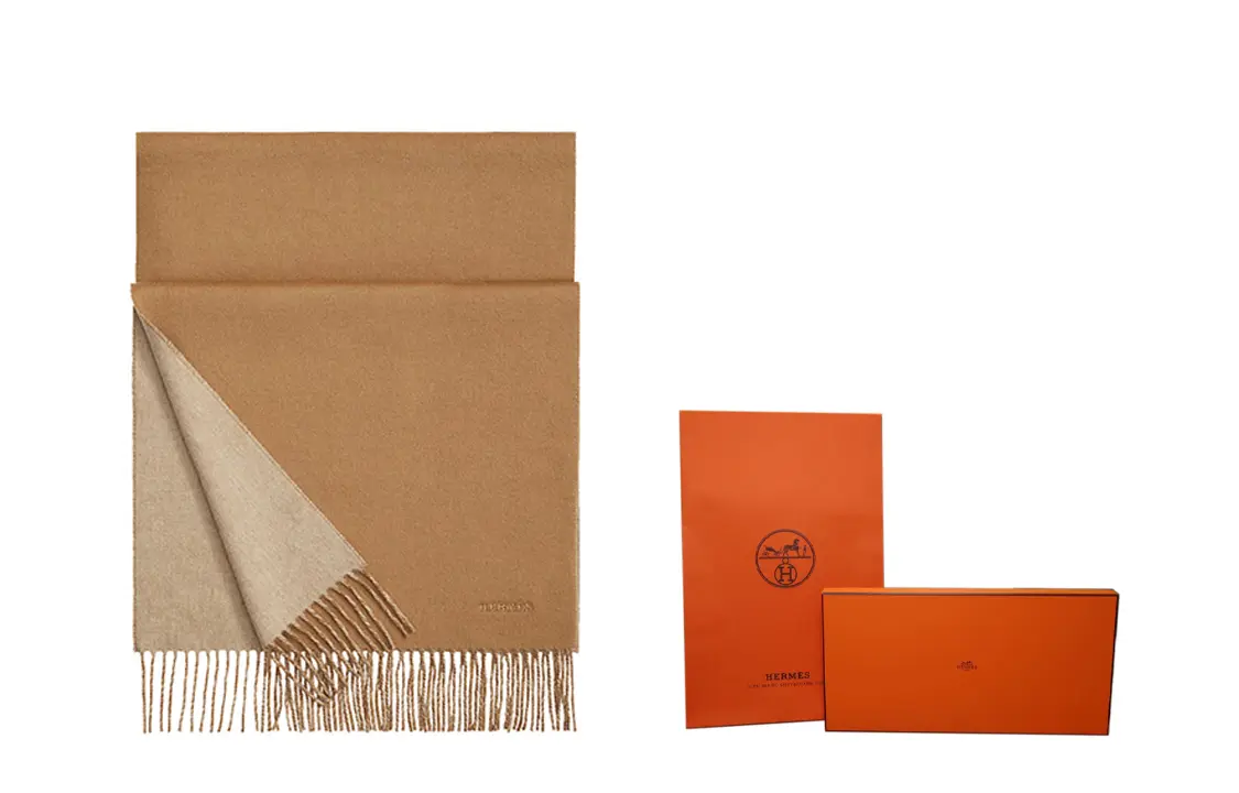 Кашемировый вязаный шарф Unisex HERMES, коричневый/бежевый — фото 4