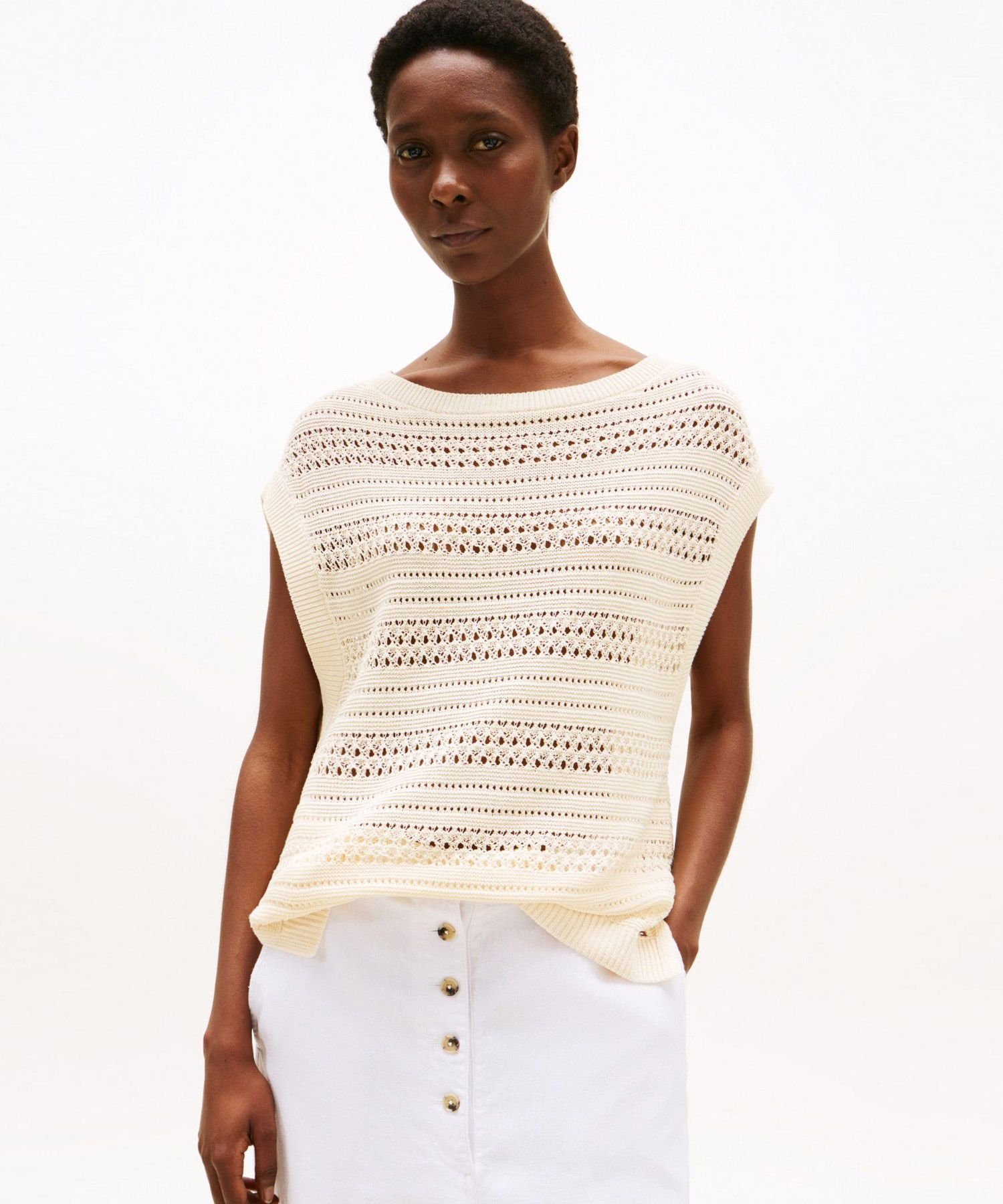 Вязаный свитер с открытым воротником TOMMY HILFIGER, Light Beige