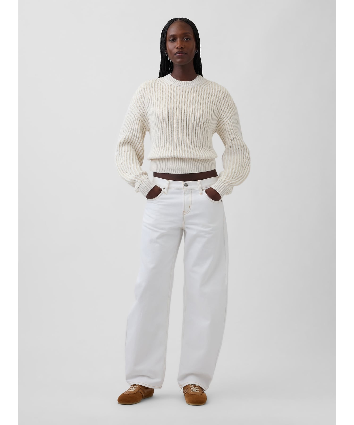 (W) Укороченный свитер с рукавами-«бочками» из 100% хлопка GAP, NEW_OFF_WHITE — фото 4